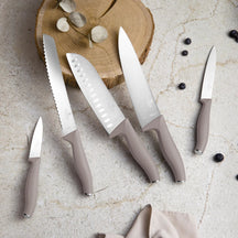 Berlinger Haus Messenset met Messenmagneetstrip Acaciahout Taupe - 6-delig - Koksmes, Broodmes, Santokumes, Officemes & Schilmes