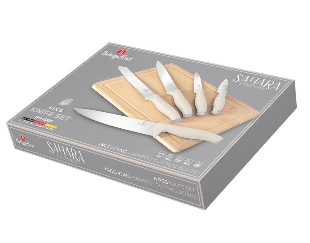 BerlingerHaus Messenset met Snijplank Mat Crème 6-delig - Koksmes, Broodmes, Vleesmes, Officemes & Schilmes