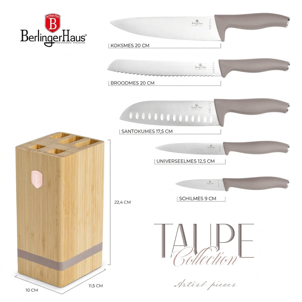 Berlinger Haus Messenblok Taupe 6-delig - Koksmes, Broodmes, Santokumes, Officemes & Schilmes