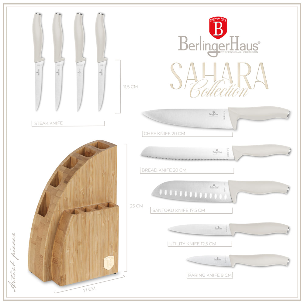 Berlinger Haus Messenblok Mat Crème 10-delig - Koksmes, Broodmes, Santokumes, Officemes, Schilmes & 4 Steakmessen