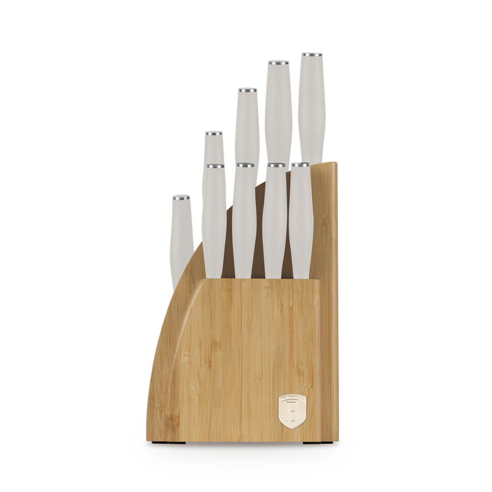 Berlinger Haus Messenblok Mat Crème 10-delig - Koksmes, Broodmes, Santokumes, Officemes, Schilmes & 4 Steakmessen