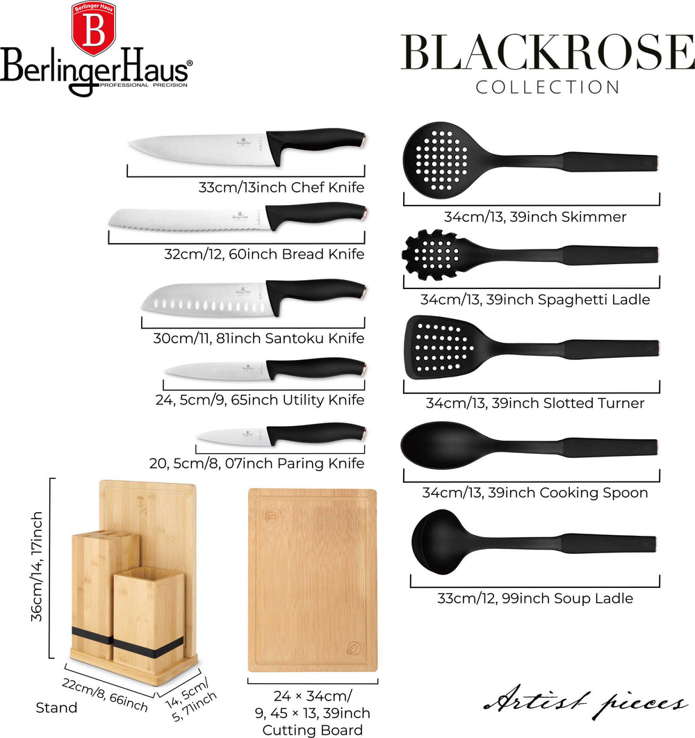 Berlinger Haus Messenblok met Keukengerei Set & Snijplank Zwart Rosègoud - 12 delig