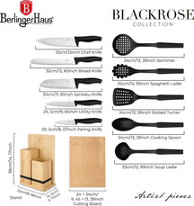 Berlinger Haus Messenblok met Keukengerei Set & Snijplank Zwart Rosègoud - 12 delig