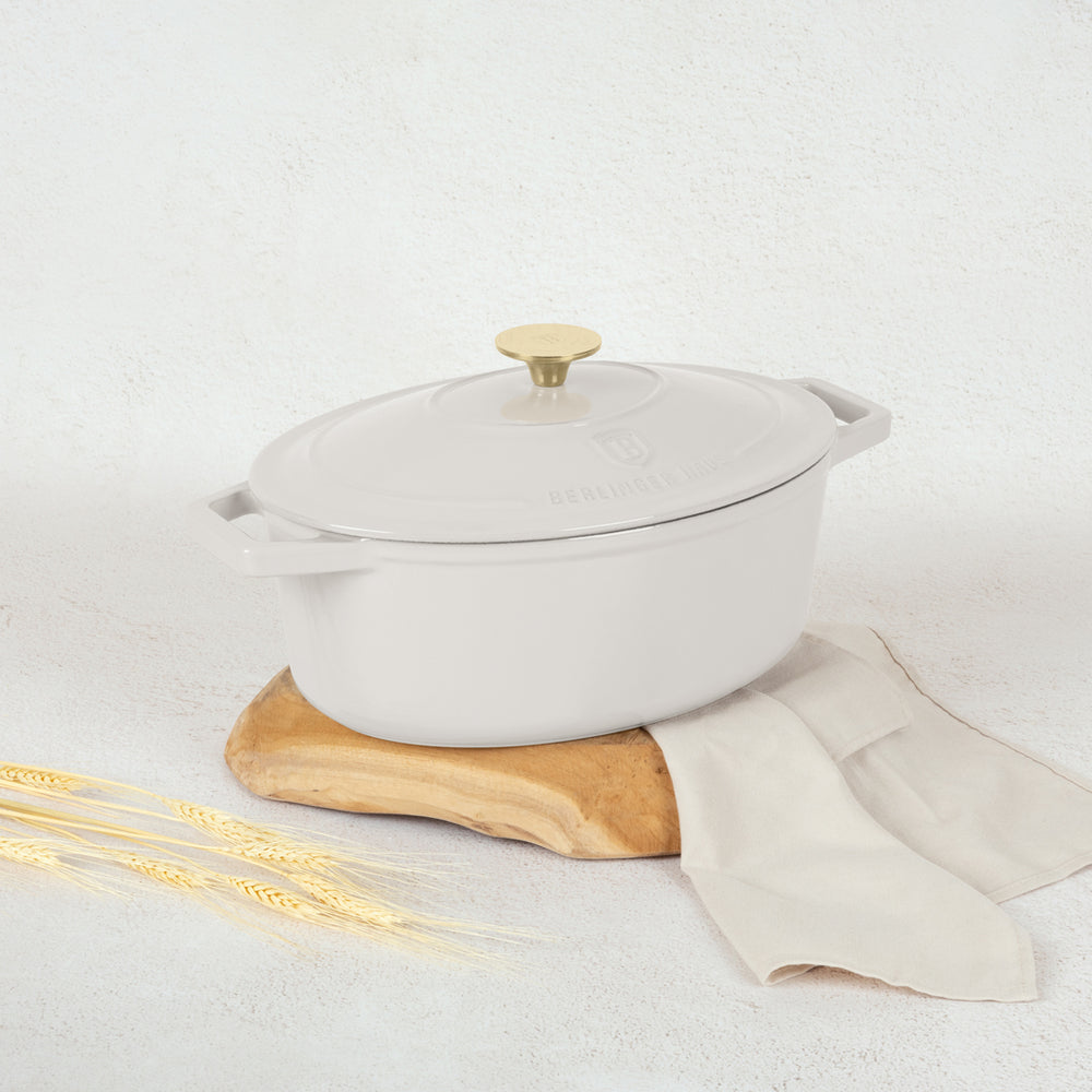 Berlinger Haus Braadpan Mat Crème Ovaal - Gietijzer - 30 x 22 cm - geschikt voor alle warmtebronnen - geëmailleerde anti-aanbaklaag