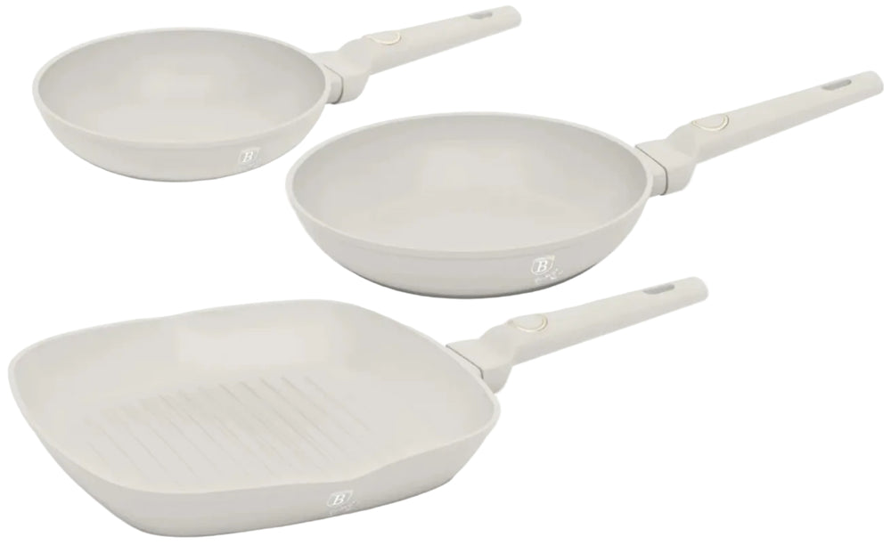 Berlinger Haus Koekenpannenset Mat Crème 3-Delig - Koekenpan ø 20 & 24 cm, Grillpan 28 cm - Geschikt voor alle warmtebronnen