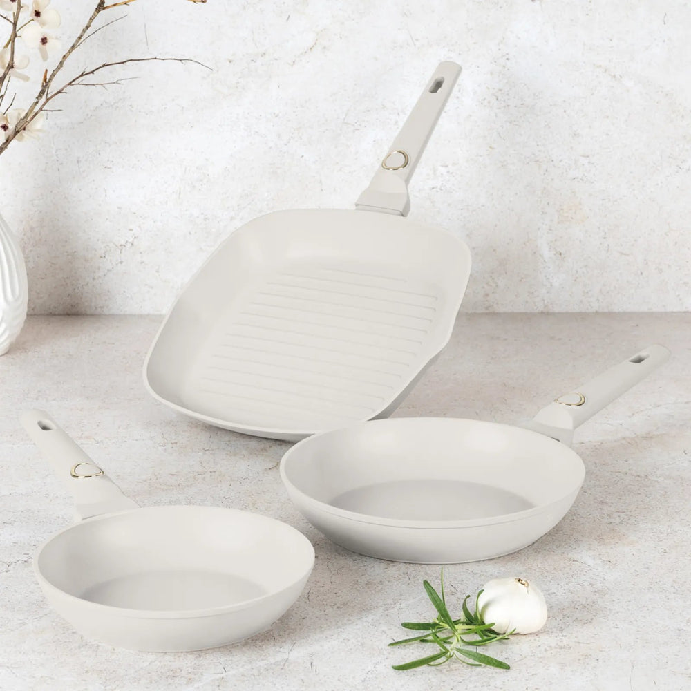 Berlinger Haus Koekenpannenset Mat Crème 3-Delig - Koekenpan ø 20 & 24 cm, Grillpan 28 cm - Geschikt voor alle warmtebronnen