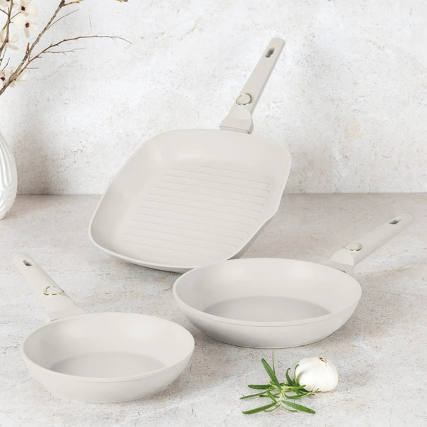 Berlinger Haus Koekenpannenset Mat Crème 3-Delig - Koekenpan ø 20 & 24 cm, Grillpan 28 cm - Geschikt voor alle warmtebronnen