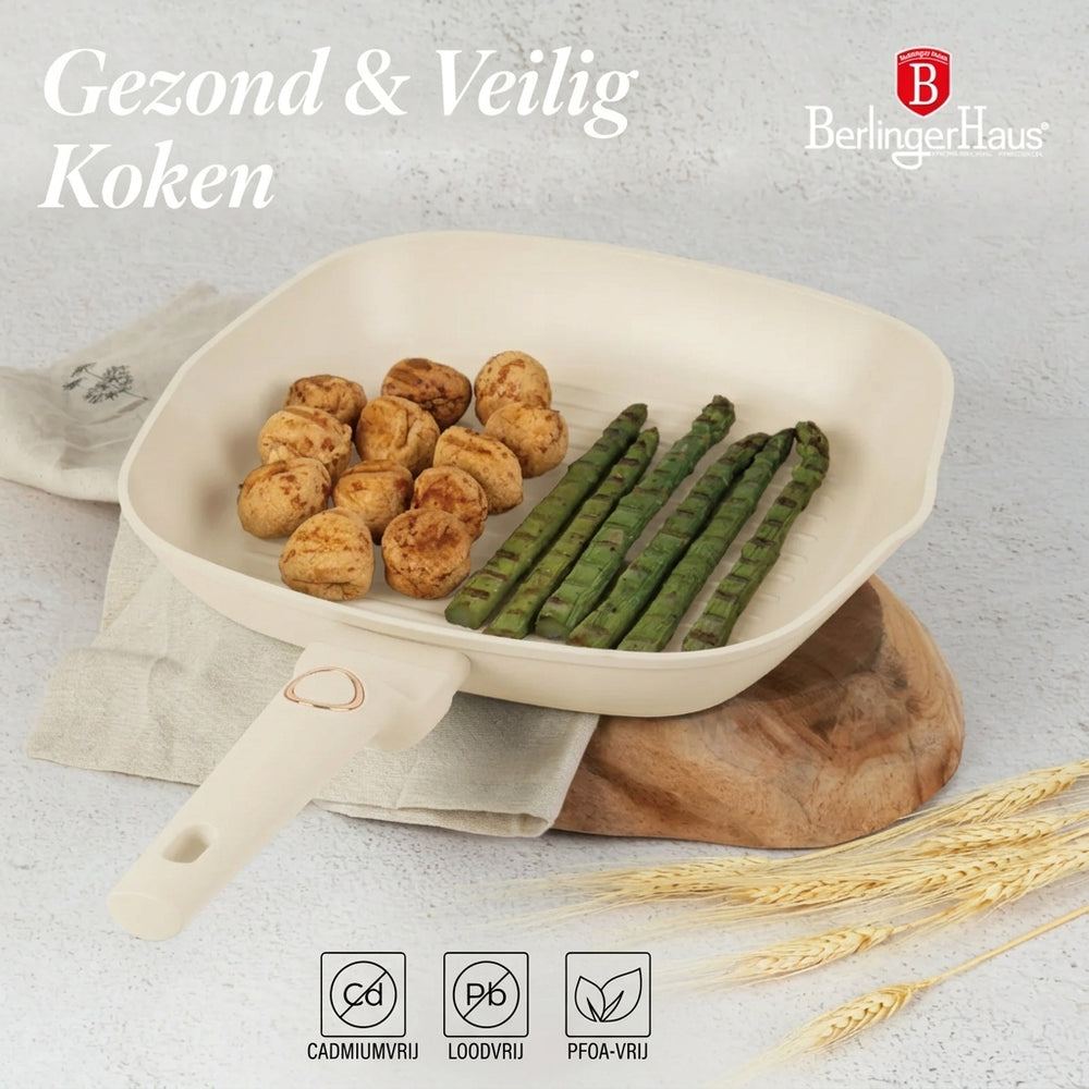 Berlinger Haus Koekenpannenset Mat Crème 3-Delig - Koekenpan ø 20 & 24 cm, Grillpan 28 cm - Geschikt voor alle warmtebronnen