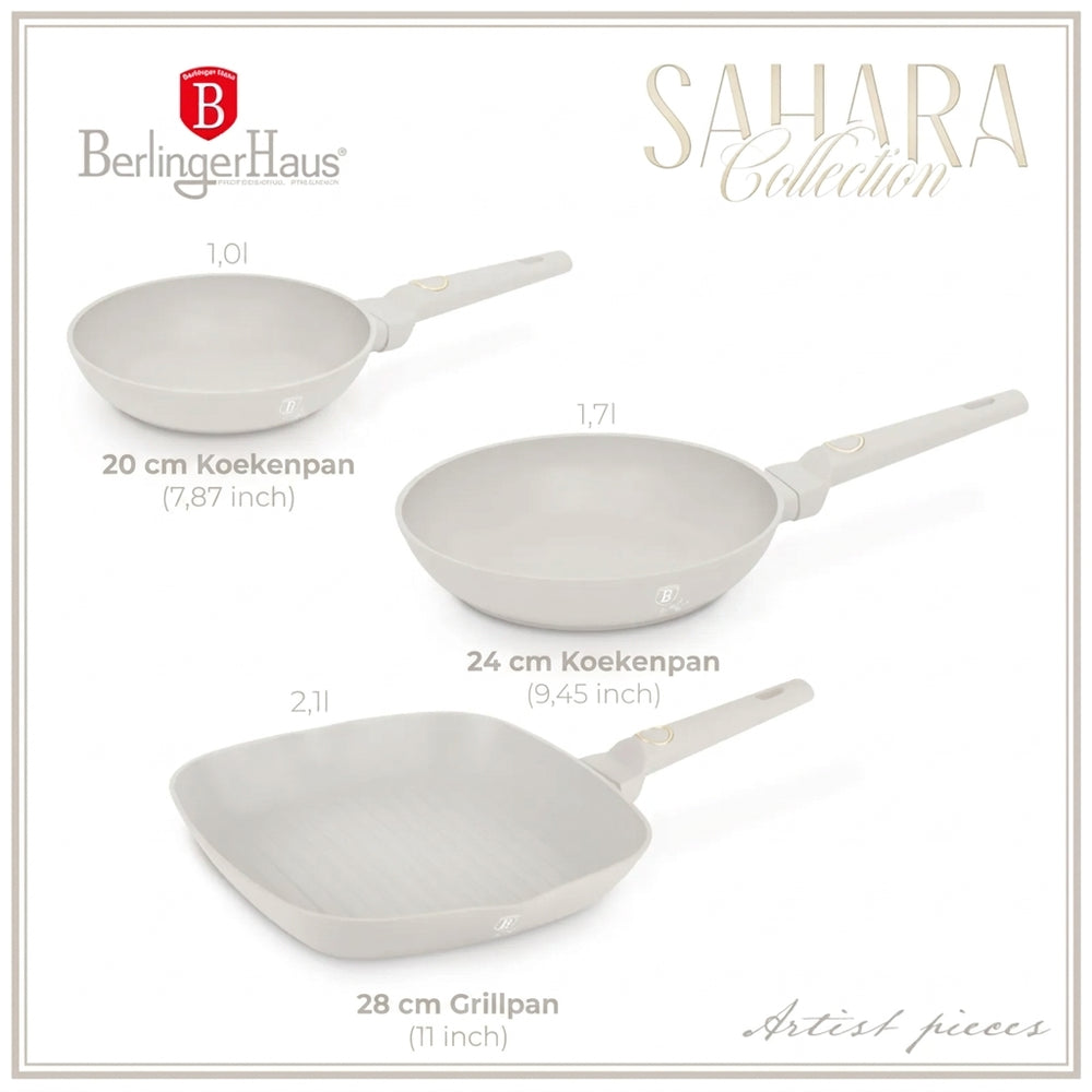 Berlinger Haus Koekenpannenset Mat Crème 3-Delig - Koekenpan ø 20 & 24 cm, Grillpan 28 cm - Geschikt voor alle warmtebronnen