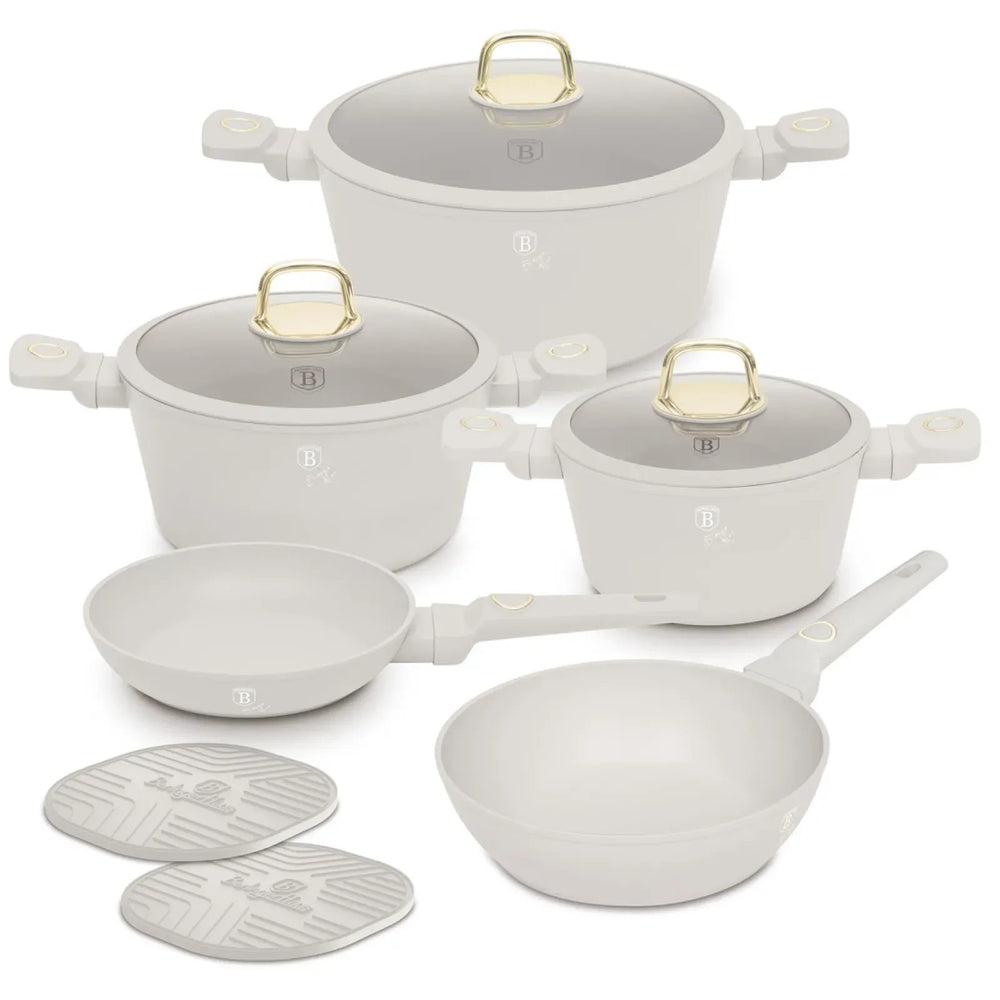 Berlinger Haus Pannenset Mat Crème 7-Delig - Kookpan ø 20, 24, 28 cm & Koekenpan ø 20, 24 cm - geschikt voor alle warmtebronnen
