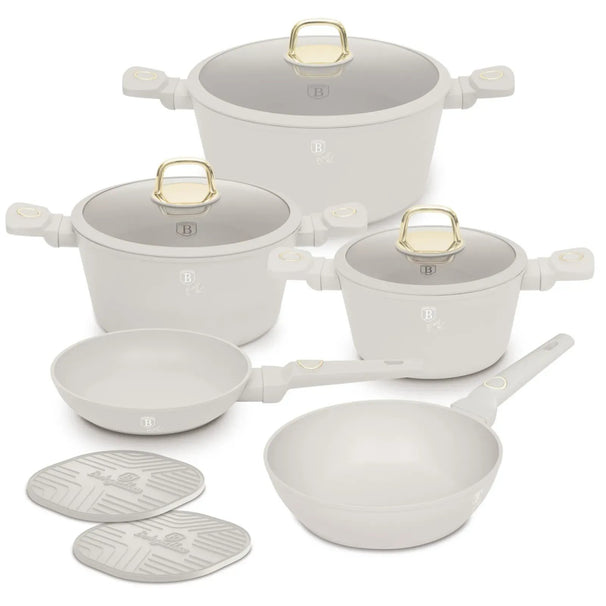 Berlinger Haus Pannenset Mat Crème 7-Delig - Kookpan ø 20, 24, 28 cm & Koekenpan ø 20, 24 cm - geschikt voor alle warmtebronnen