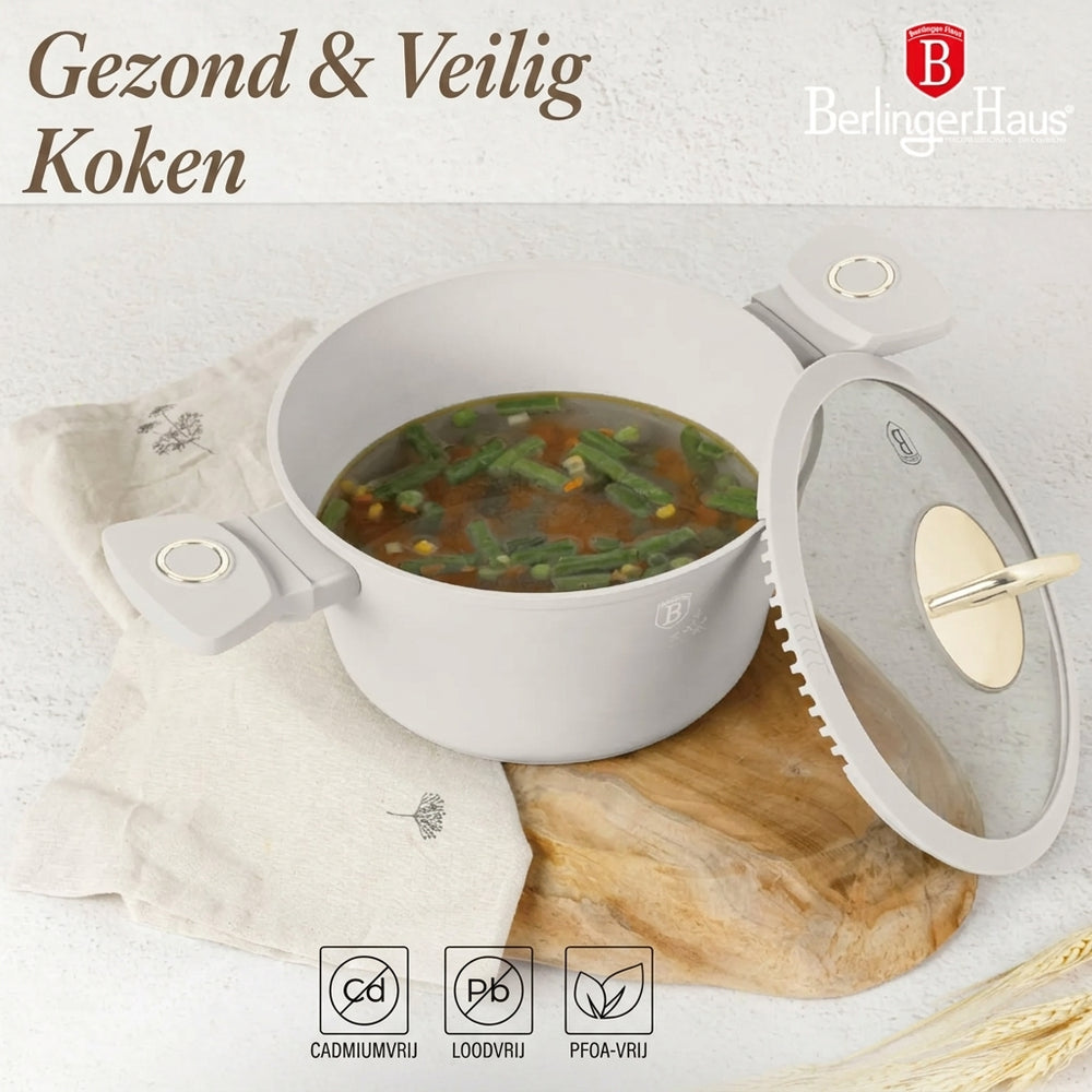 Berlinger Haus Pannenset Mat Crème 7-Delig - Kookpan ø 20, 24, 28 cm & Koekenpan ø 20, 24 cm - geschikt voor alle warmtebronnen