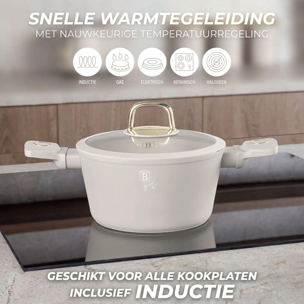 Berlinger Haus Pannenset Mat Crème 7-Delig - Kookpan ø 20, 24, 28 cm & Koekenpan ø 20, 24 cm - geschikt voor alle warmtebronnen