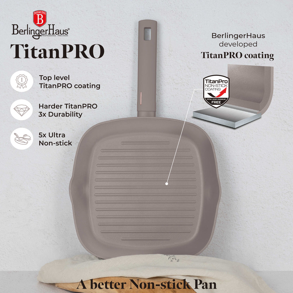 Berlinger Haus Grillpan Taupe 28 x 28 cm - geschikt voor alle warmtebronnen - standaard anti-aanbaklaag