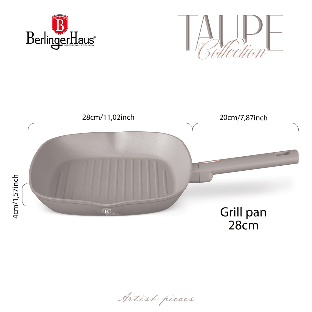 Berlinger Haus Grillpan Taupe 28 x 28 cm - geschikt voor alle warmtebronnen - standaard anti-aanbaklaag