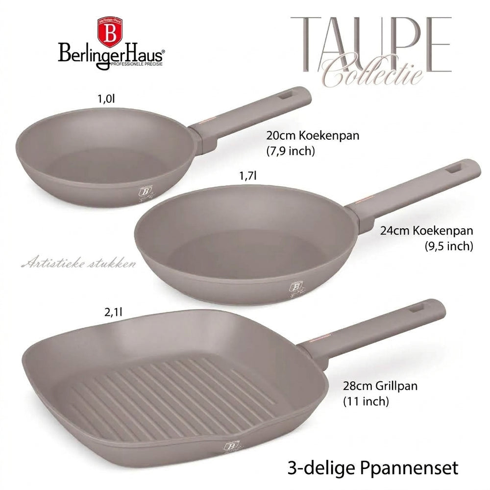 Berlinger Haus Koekenpannenset Taupe 3-Delig - Koekenpan ø 20 & 24 cm, Grillpan 28 cm - Geschikt voor alle warmtebronnen