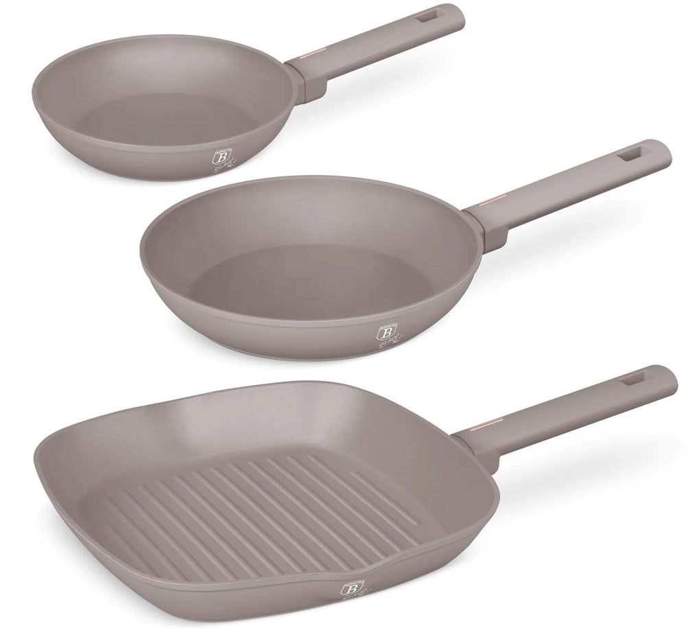 Berlinger Haus Koekenpannenset Taupe 3-Delig - Koekenpan ø 20 & 24 cm, Grillpan 28 cm - Geschikt voor alle warmtebronnen