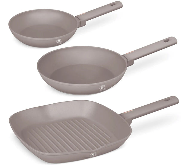 Berlinger Haus Koekenpannenset Taupe 3-Delig - Koekenpan ø 20 & 24 cm, Grillpan 28 cm - Geschikt voor alle warmtebronnen