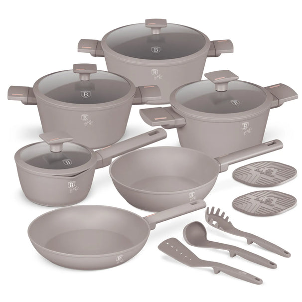 BerlingerHaus Pannenset Taupe 11-Delig - Kookpan ø 20, 24, 28 cm, Koekenpan ø 24, 28 cm & Steelpan ø 16 cm - geschikt voor alle warmtebronnen