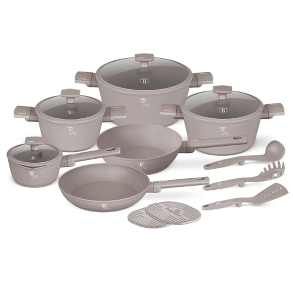 BerlingerHaus Pannenset Taupe 11-Delig - Kookpan ø 20, 24, 28 cm, Koekenpan ø 24, 28 cm & Steelpan ø 16 cm - geschikt voor alle warmtebronnen