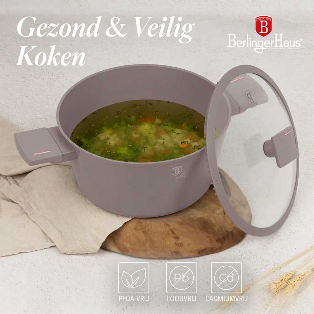 BerlingerHaus Pannenset Taupe 11-Delig - Kookpan ø 20, 24, 28 cm, Koekenpan ø 24, 28 cm & Steelpan ø 16 cm - geschikt voor alle warmtebronnen