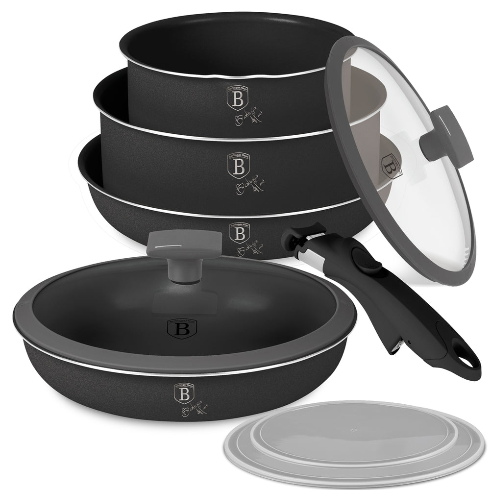 BerlingerHaus Pannenset Click-it Mat Antraciet 6-delig - Kookpan ø 16 & 20 cm, Koekenpan ø 20 & 24 cm - geschikt voor alle warmtebronnen