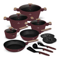 BerlingerHaus Pannenset Nordic Mat Bordeaux 11-Delig - Kookpan ø 20, 24, 28 cm, Koekenpan ø 24, 28 cm & Steelpan ø 16 cm - Geschikt voor alle warmtebronnen
