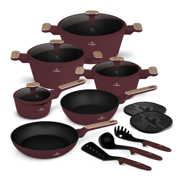 BerlingerHaus Pannenset Nordic Mat Bordeaux 11-Delig - Kookpan ø 20, 24, 28 cm, Koekenpan ø 24, 28 cm & Steelpan ø 16 cm - Geschikt voor alle warmtebronnen