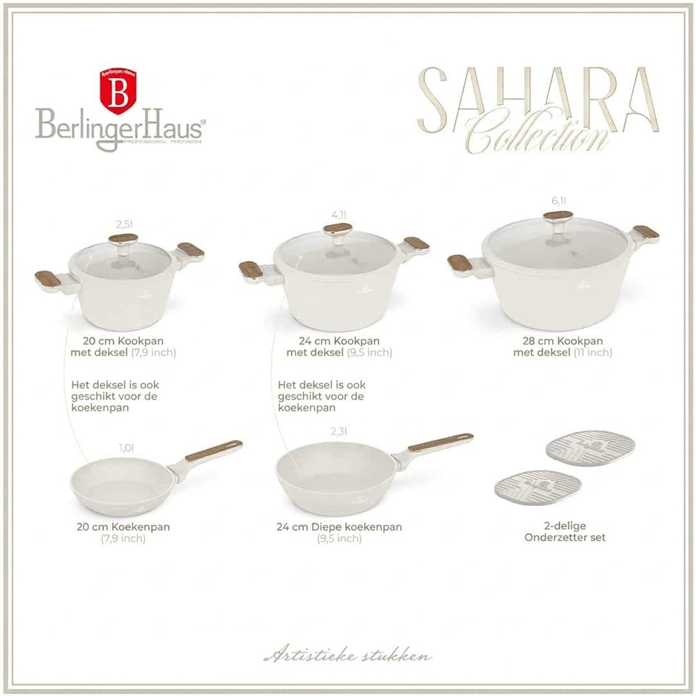 Berlinger Haus Pannenset Nordic Mat Crème 7-Delig - Kookpan ø 20, 24, 28 cm & Koekenpan ø 20, 24 cm - geschikt voor alle warmtebronnen