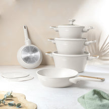 Berlinger Haus Pannenset Nordic Mat Crème 7-Delig - Kookpan ø 20, 24, 28 cm & Koekenpan ø 20, 24 cm - geschikt voor alle warmtebronnen