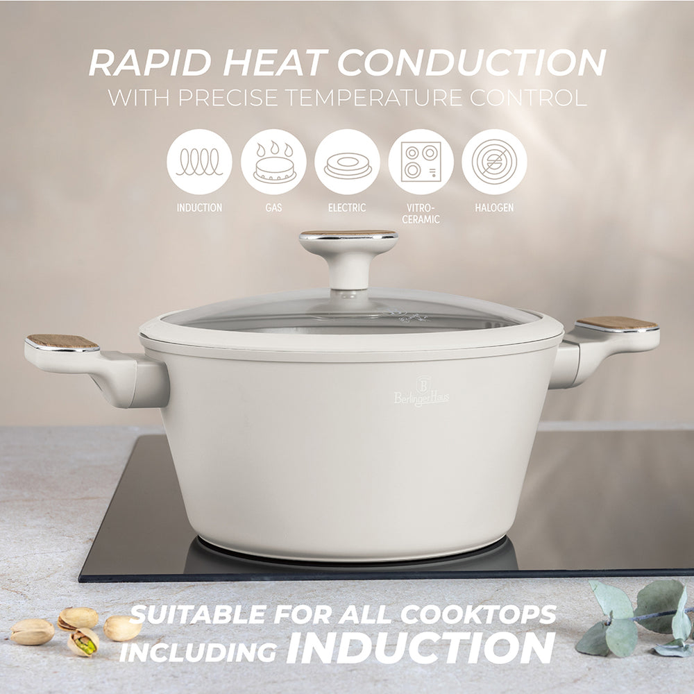 Berlinger Haus Pannenset Nordic Mat Crème 11-Delig - Kookpan ø 20, 24, 28 cm, Koekenpan ø 24, 28 cm & Steelpan ø 16 cm - geschikt voor alle warmtebronnen