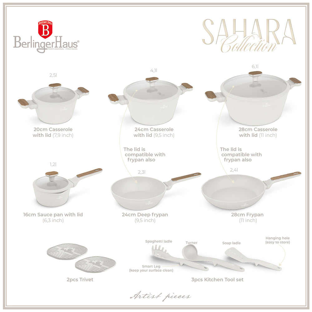 Berlinger Haus Pannenset Nordic Mat Crème 11-Delig - Kookpan ø 20, 24, 28 cm, Koekenpan ø 24, 28 cm & Steelpan ø 16 cm - geschikt voor alle warmtebronnen