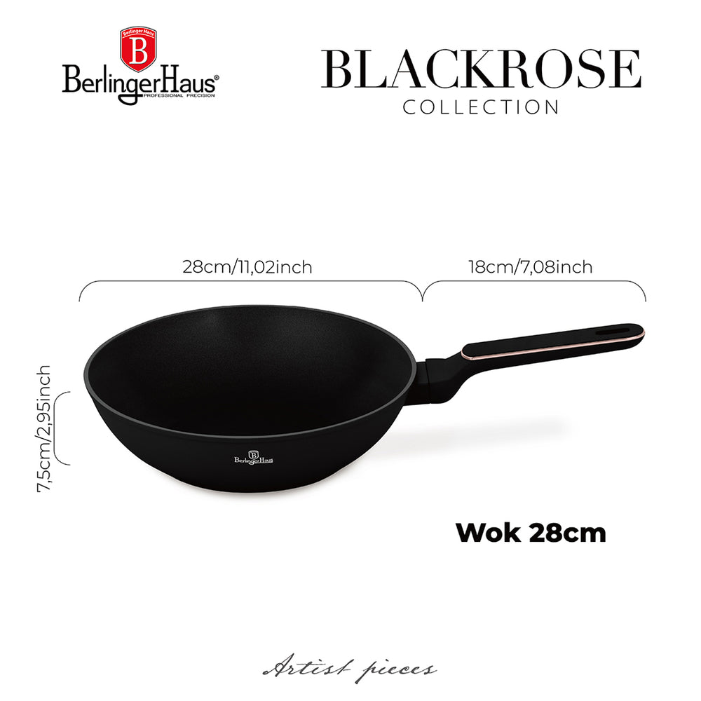 Berlinger Haus Wokpan Zwart Roségoud ø 28 cm - geschikt voor alle warmtebronnen - standaard anti-aanbaklaag