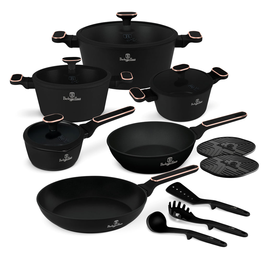 Berlinger Haus Pannenset Zwart Roségoud 11-Delig - Kookpan ø 20, 24, 28 cm, Koekenpan ø 24, 28 cm & Steelpan ø 16 cm - geschikt voor alle warmtebronnen