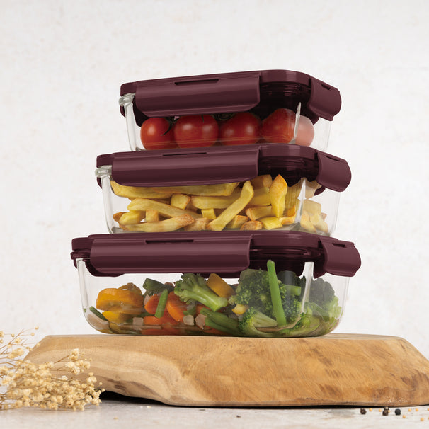 BerlingerHaus Glazen Vershoudbakjes Mat Bordeaux - 3-delig - 570 ml, 840 ml & 1.18 Liter