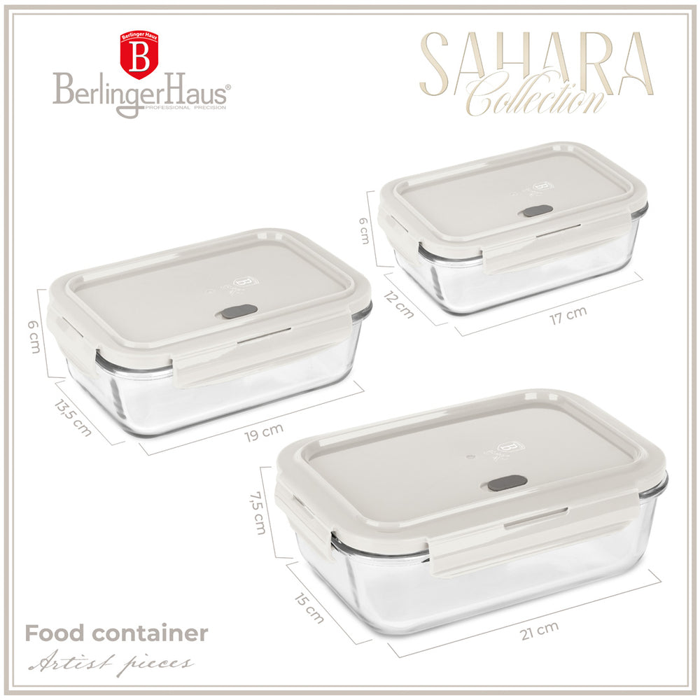 Berlinger Haus Glazen Vershoudbakjes Mat Crème - 3-delig - 570 ml, 840 ml & 1.18 Liter