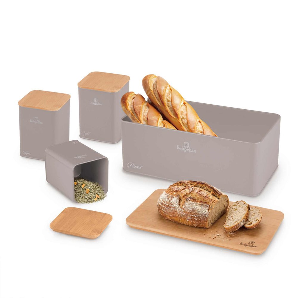 Berlinger Haus Broodtrommel / Brooddoos met Voorraadbussen Taupe - 4-delig