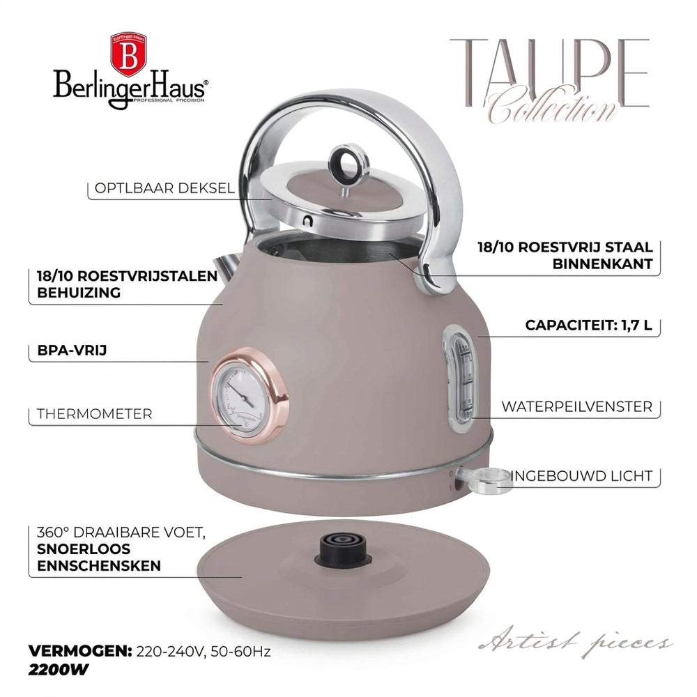 Berlinger Haus Waterkoker Taupe - met Thermometer - 1.7 Liter - 2200W