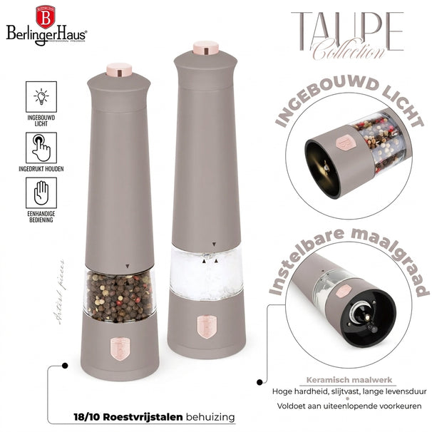 Berlinger Haus Elektrische Peper- en Zoutmolen Set Taupe - Keramische Molen - 2-Delig