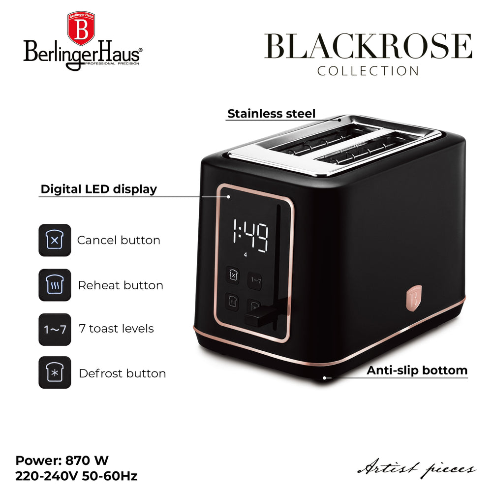 Berlinger Haus Broodrooster Digitaal Zwart Rosègoud - 2 Sleuven - 870W