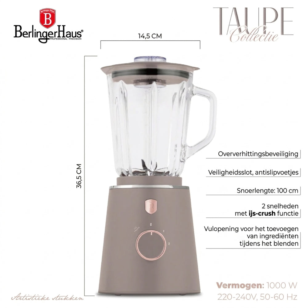 Berlinger Haus Blender Taupe - Glazen Kan - 1.5 Liter - 1000W