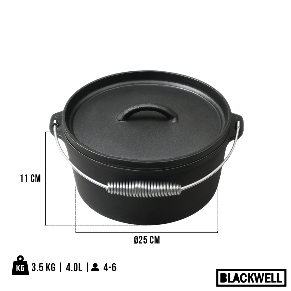 Blackwell Dutch Oven BBQ Gietijzer Set 4-Delig Braadpan + Lifter, Koekenpan ø 20 cm & Steelpan 18 cm - geschikt voor alle warmtebronnen - zonder anti-aanbaklaag