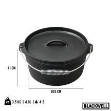 Blackwell Dutch Oven BBQ Gietijzer Set 4-Delig Braadpan + Lifter, Koekenpan ø 20 cm & Steelpan 18 cm - geschikt voor alle warmtebronnen - zonder anti-aanbaklaag