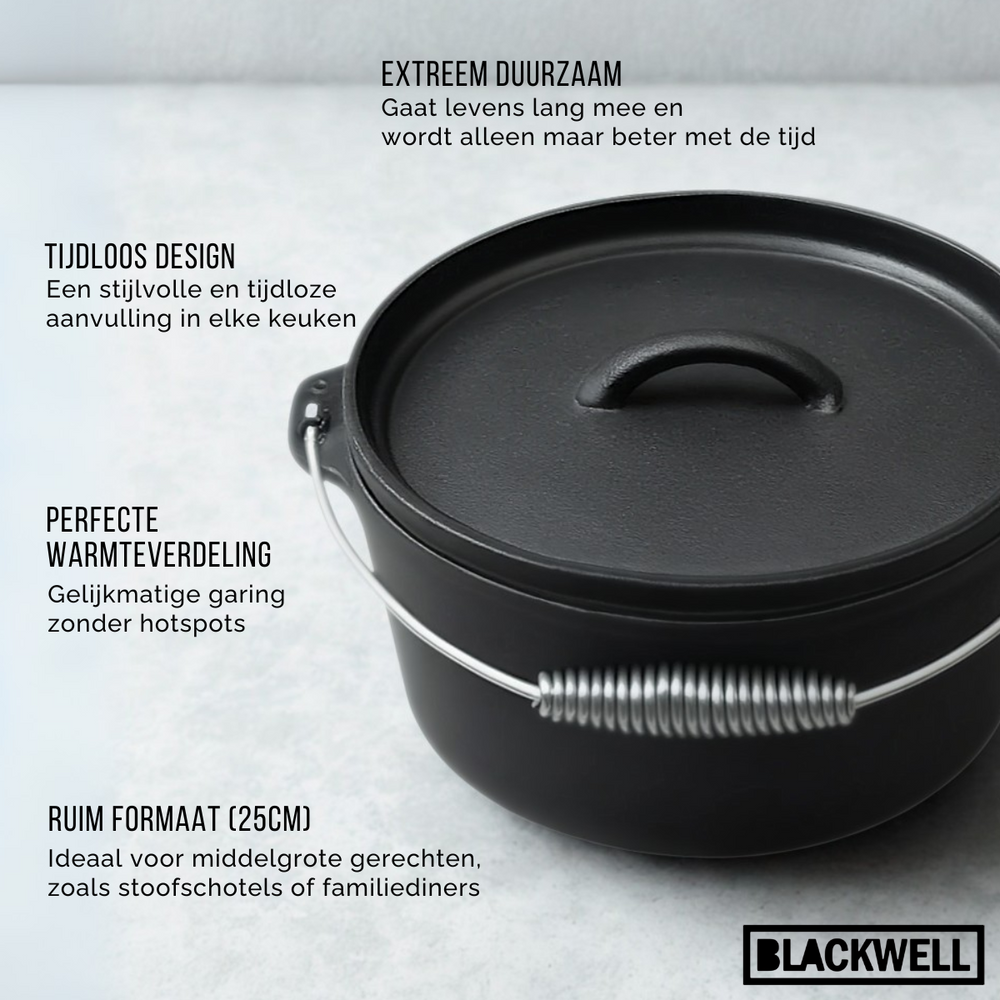 Blackwell Dutch oven / Braadpan met deksel - Gietijzer - ø 25 cm / 4 Liter - zonder anti-aanbaklaag