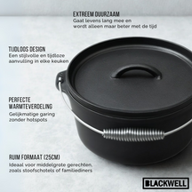 Blackwell Dutch oven / Braadpan met deksel - Gietijzer - ø 25 cm / 4 Liter - zonder anti-aanbaklaag