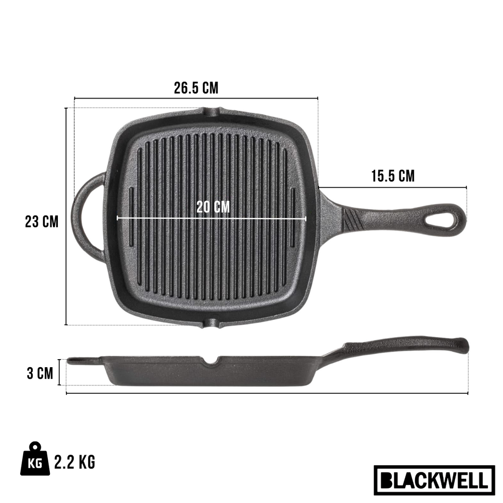 Blackwell Grillpan Gietijzer Cast Iron 23 x 23 cm - geschikt voor alle warmtebronnen - zonder anti-aanbaklaag