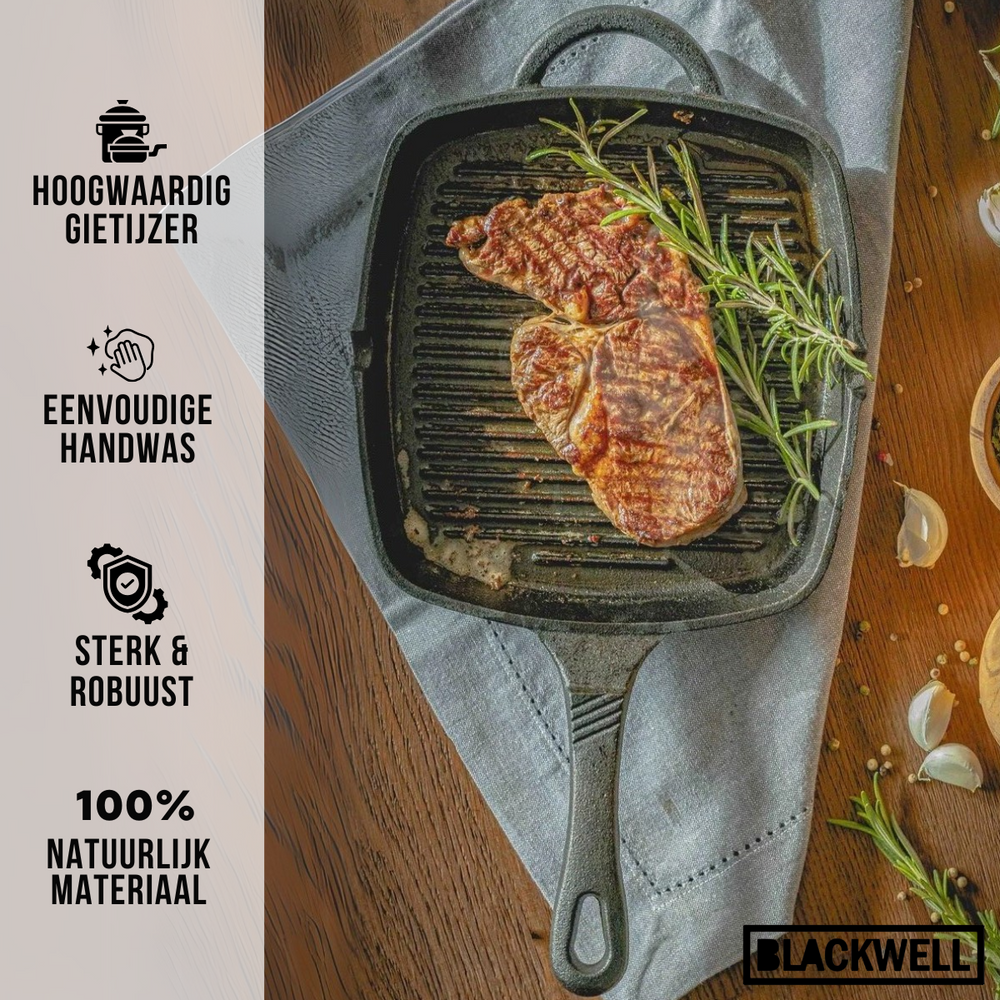 Blackwell Grillpan Gietijzer Cast Iron 23 x 23 cm - geschikt voor alle warmtebronnen - zonder anti-aanbaklaag