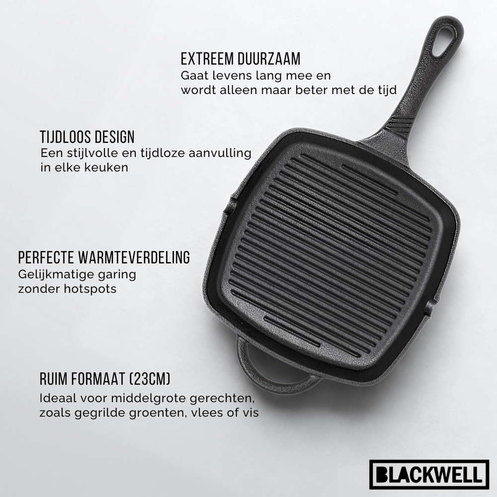 Blackwell Grillpan Gietijzer Cast Iron 23 x 23 cm - geschikt voor alle warmtebronnen - zonder anti-aanbaklaag