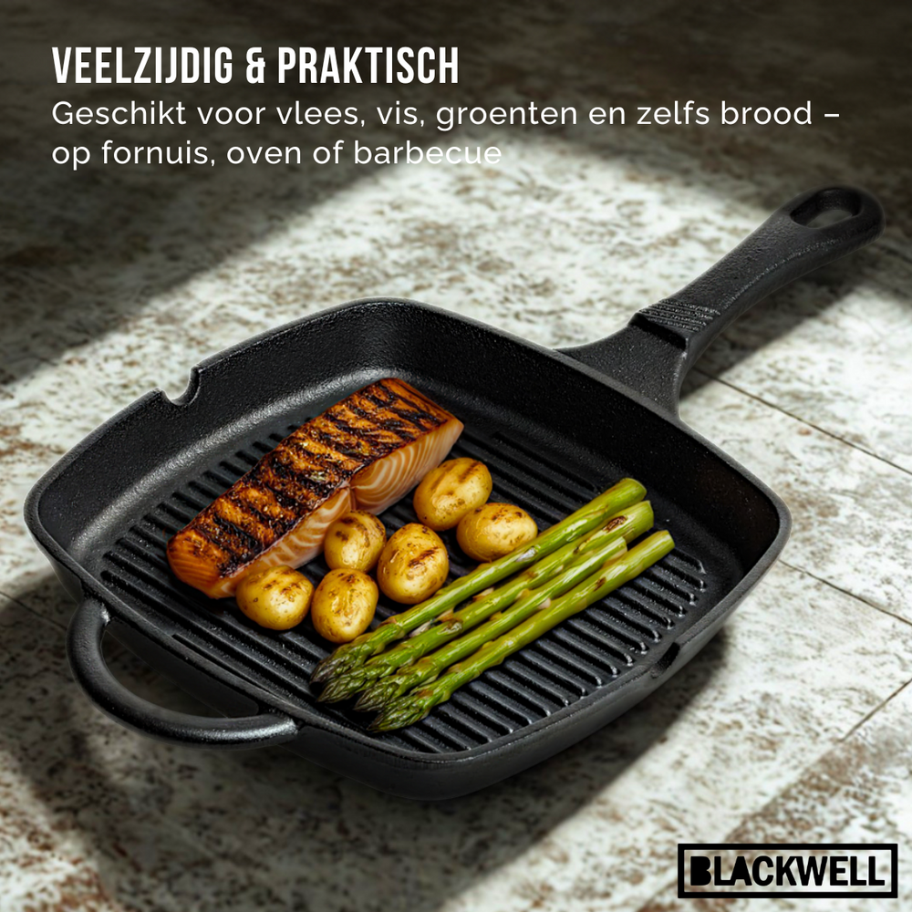 Blackwell Pannenset Gietijzer 3-Delig Grillpan 23 x 23 cm, Koekenpan ø 25 cm & Wok ø 32 cm - geschikt voor alle warmtebronnen - zonder anti-aanbaklaag