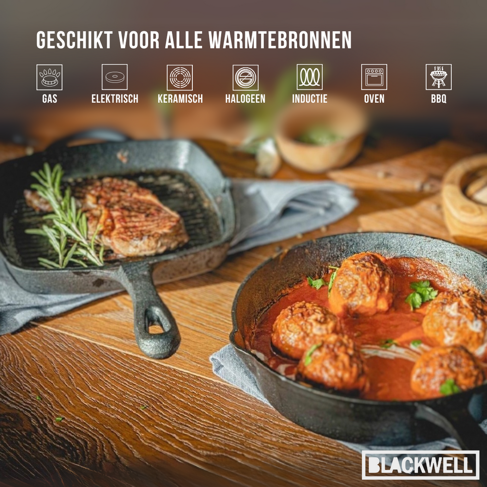 Blackwell Grillpan Gietijzer Cast Iron 23 x 23 cm - geschikt voor alle warmtebronnen - zonder anti-aanbaklaag